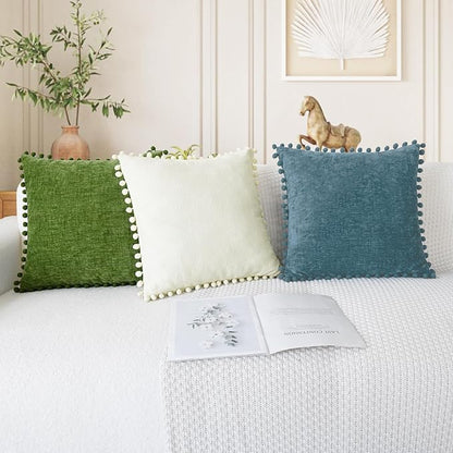 CaliTime Throw Pillow Covers Decorative 18 X 18 Inches Pack of 2 Cozy Solid Dyed Soft Chenille Cushion Cases with Pom Poms for Couch Sofa Bed Living Room Home Smoke Blue