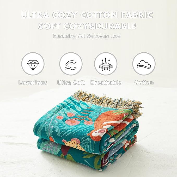 MSGKV Throw Blanket for Bed Cotton Animals Twin Size Couch Blanket 60"x80" Muslin Breathable Lightweight Farmhouse Blankets Home Decor All Seasons