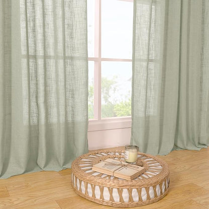 LAMIT Sheer Linen Curtains for Living Room, Back Tab and Rod Pocket Curtains Light Filtering Country Rustic Farmhouse Drapes for Bedroom/Farmhouse, 2 Panels, 52 x 102 Inch, Sage Grey
