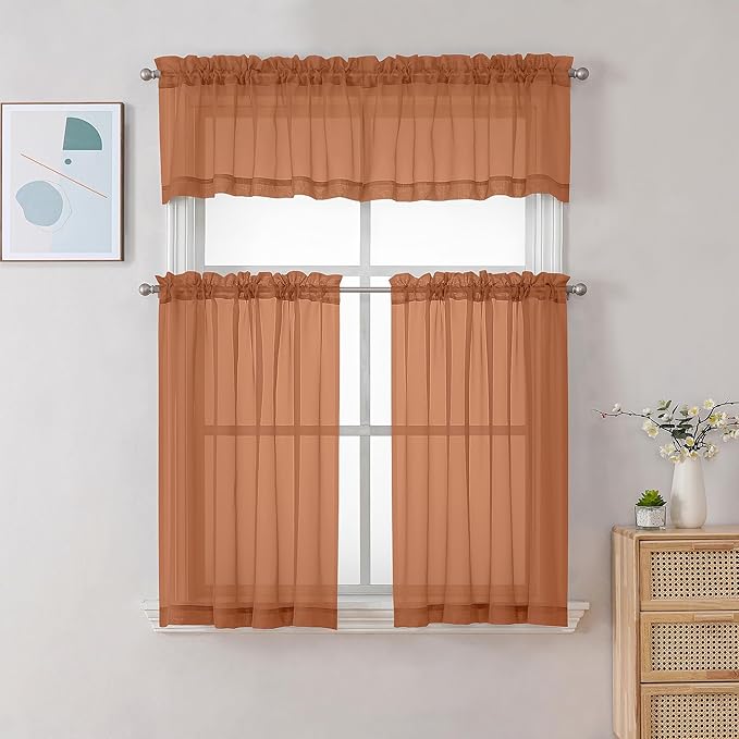 Chyhomenyc Sheer Orange Tier Curtains 24 Inch Length, Small Window Curtains - Image 2