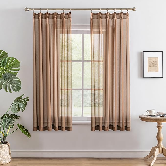 Sheer Pinch Pleat Curtains 63 Inch Length for Bedroom Soft Touch Light Filtering Mocha Moose Curtain Panels Pleated Drapes with Adjustable Hooks, Mocha Moose, 42" W x 63" L, 2 Panels