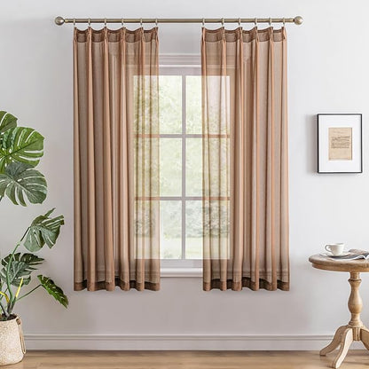 Sheer Pinch Pleat Curtains 63 Inch Length for Bedroom Soft Touch Light Filtering Mocha Moose Curtain Panels Pleated Drapes with Adjustable Hooks, Mocha Moose, 42" W x 63" L, 2 Panels
