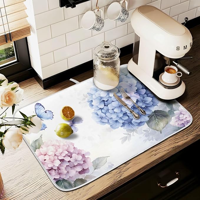 Blue Pink Hydrangea Spring Floral Dish Drying Mat - Image 8