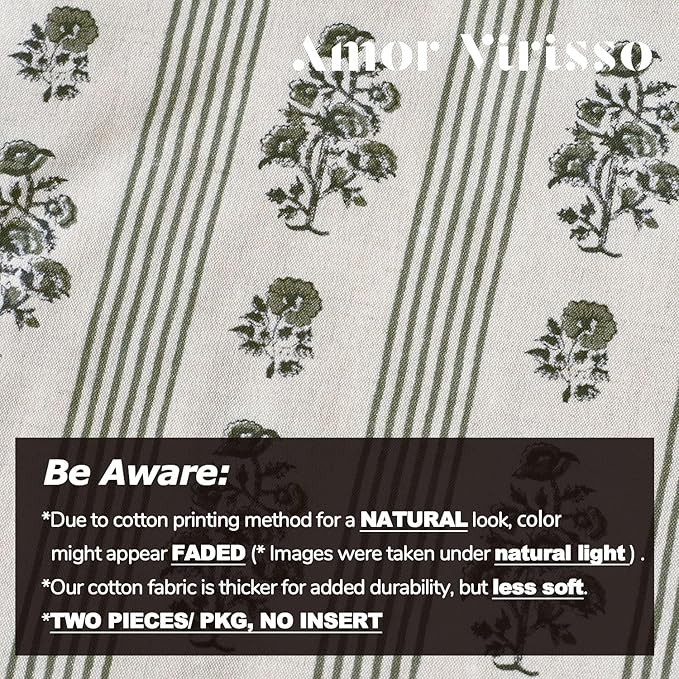 Amor Virisso Floral Throw Pillow Covers 18x18 Set of 2 Block Print Pillow Covers Neutral Floral Striped Farmhouse Decorative Pillow Covers for Sofa Couch Bed, Dusty Green