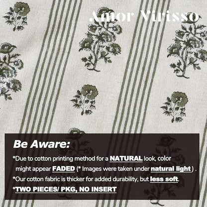 Amor Virisso Floral Throw Pillow Covers 18x18 Set of 2 Block Print Pillow Covers Neutral Floral Striped Farmhouse Decorative Pillow Covers for Sofa Couch Bed, Dusty Green