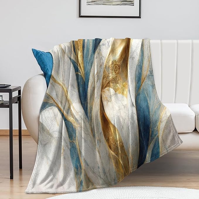 Abstract Marble Blanket, Modern Luxury Baroque Golden Blue White Stone Veins Pattern Soft Warm Cozy Plush Flannel Covers for Livingroom Bedroom Couch Chair Camping Travel Home Decor Tapestry 40x50in