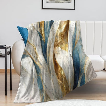 Abstract Marble Blanket, Modern Luxury Baroque Golden Blue White Stone Veins Pattern Soft Warm Cozy Plush Flannel Covers for Livingroom Bedroom Couch Chair Camping Travel Home Decor Tapestry 40x50in