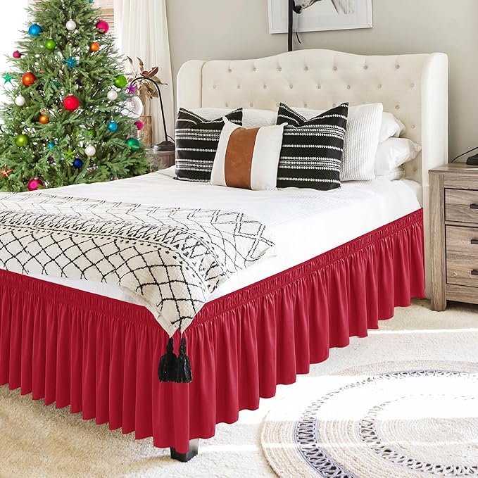 Biscaynebay Wrap Around Bed Skirts for King & Cal King Beds 15" Drop, Christmas Red Adjustable Elastic Dust Ruffles Easy Fit Wrinkle & Fade Resistant Silky Luxurious Fabric Machine Washable