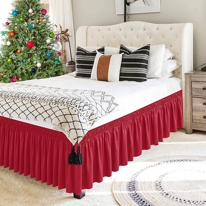 Biscaynebay Wrap Around Bed Skirts for King & Cal King Beds 15" Drop, Christmas Red Adjustable Elastic Dust Ruffles Easy Fit Wrinkle & Fade Resistant Silky Luxurious Fabric Machine Washable