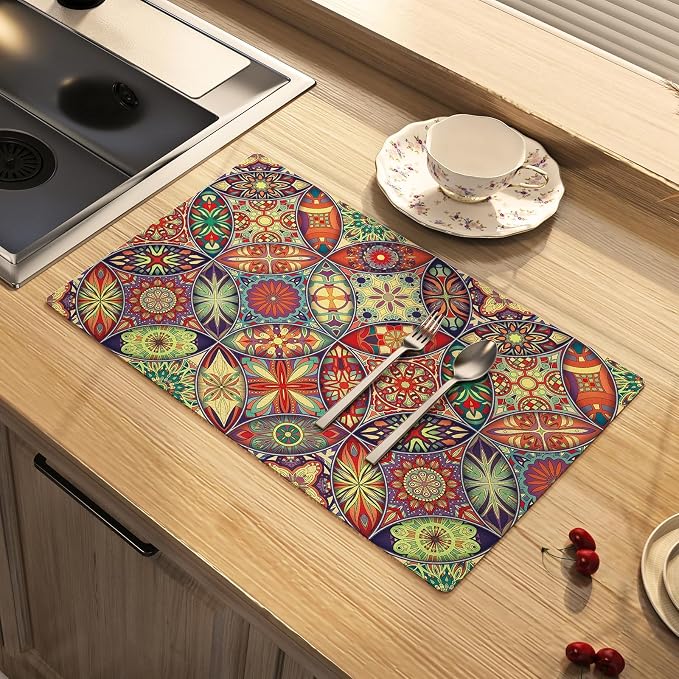 Dish Drying Mat Bohemian Absorbent Coffee Mat Rubber Backed Paisley Moroccan by ARTBLOSS