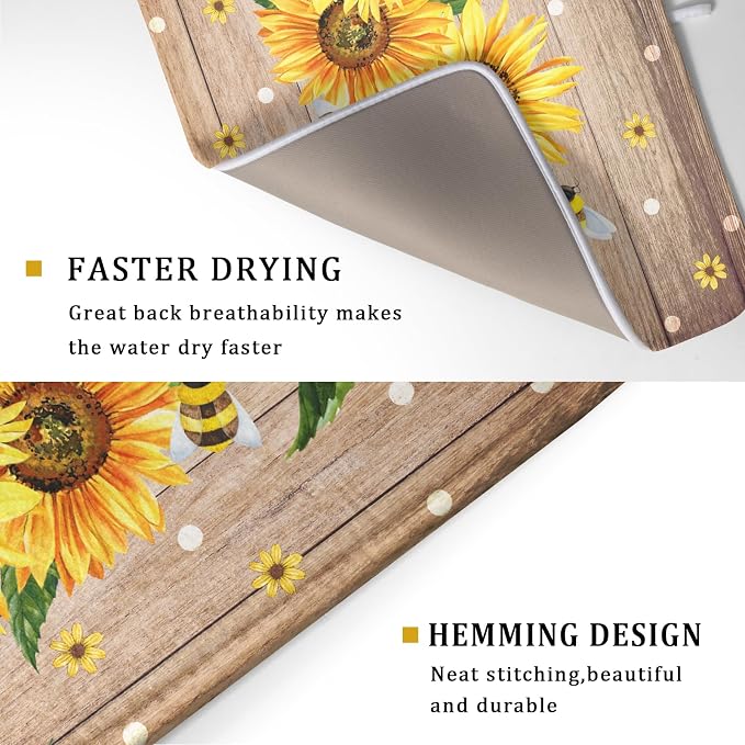 Sunflower Bee Dish Drying Mat for Kitchen Counter Home 18x24 Inch Wood Barn - Image 3
