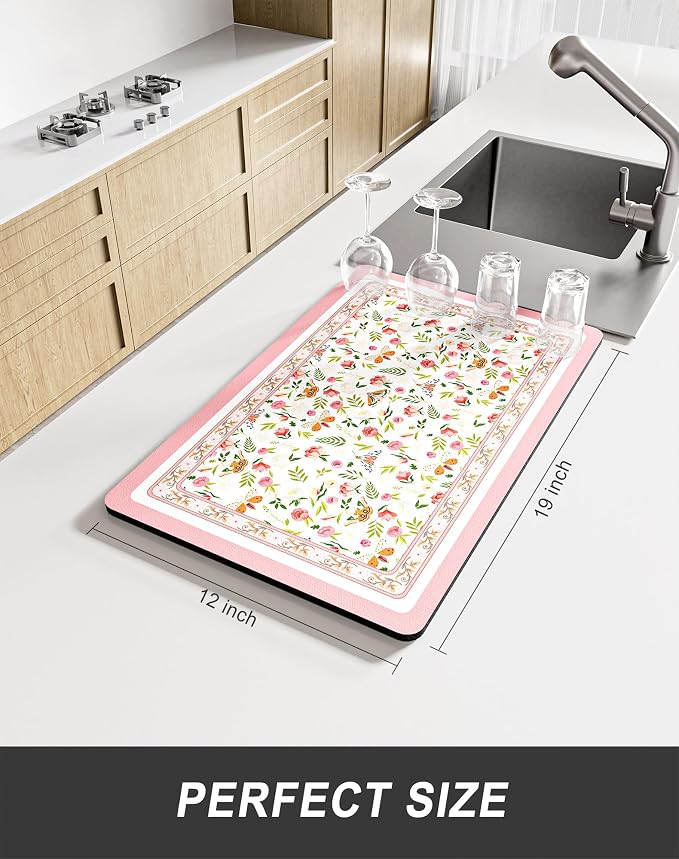 Rnivvi Dish Drying Mat for Kitchen Counter, 12 x 19" Cute Flower Theme Super - Image 2