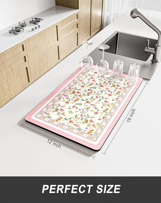 Rnivvi Dish Drying Mat for Kitchen Counter, 12 x 19" Cute Flower Theme Super - Image 2
