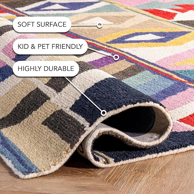 Nuloom Ofelia Handmade, Multicolor/Black, 3' x 5', Geometric, Wool, Soft and Cozy, High Traffic, Stain Resistant, Easy Clean, Durable Runner for Bedroom, Living Room, Dining, Den, Foyer