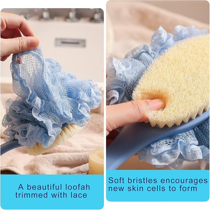 Shower Body Brush with Bristles and Loofah, Back Scrubber Bath Mesh Sponge with - Image 3