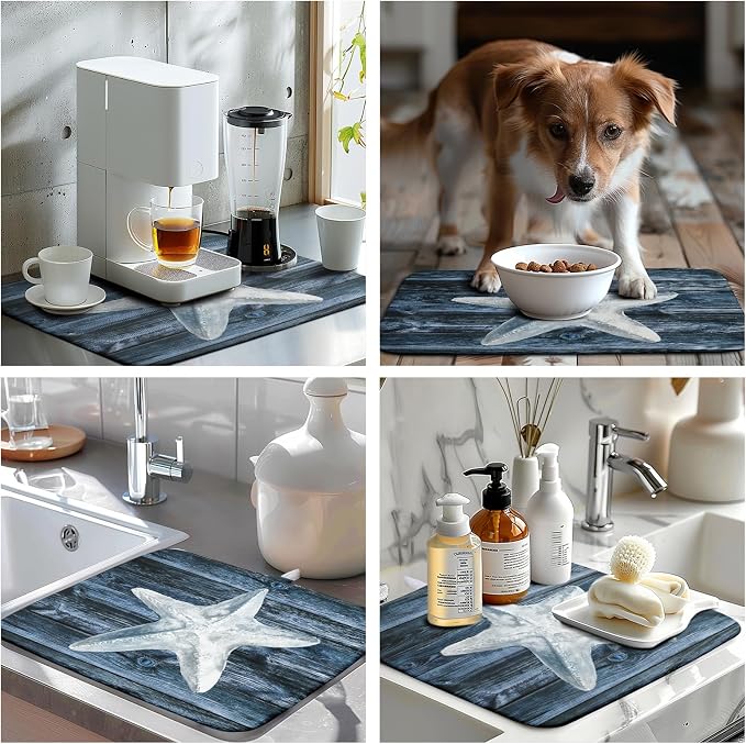 Coastal Starfish Dish Drying Mat Dark Blue Ocean Animal Print Drying Mats - Image 7