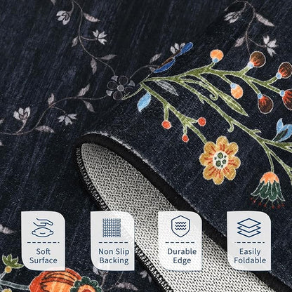 Garveehome 4x6 Washable Floral Area Rugs for Living Room: Modern Floral Non Slip Large Area Rugs for Bedroom, Large Machine Washable Living Room Low Pile Carpet with Non-Slip Backing Black 4 ft x6 ft.