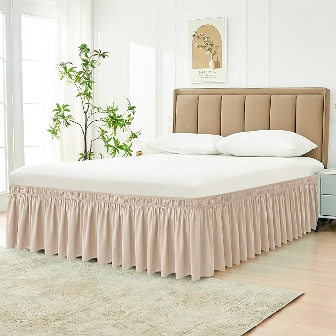 Biscaynebay Wrap Around Bed Skirts for Queen Beds 14" Drop, Sand Adjustable Elastic Dust Ruffles Easy Fit Wrinkle Resistant Silky Luxurious Fabric Machine Washable