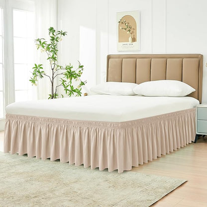 Biscaynebay Wrap Around Bed Skirts for Queen Beds 14" Drop, Sand Adjustable Elastic Dust Ruffles Easy Fit Wrinkle Resistant Silky Luxurious Fabric Machine Washable