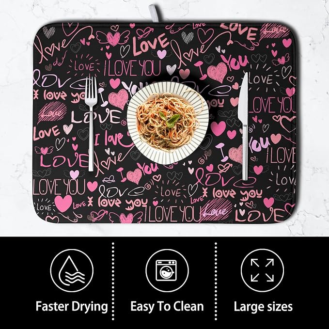 Mother's Day Dish Drying Mat for Kitchen Counter Love Heart Black Drying Mats - Image 4