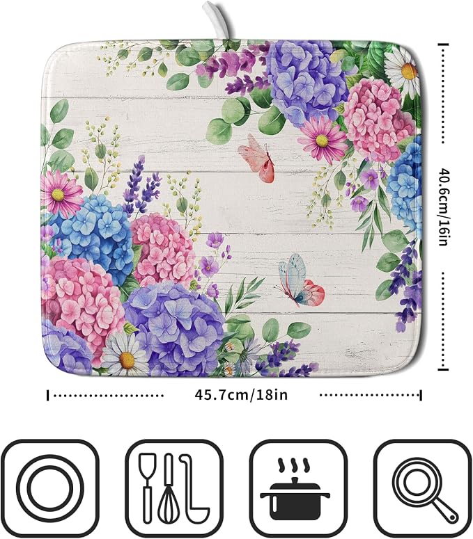 Hydrangea Floral Dish Drying Mat 16x18 inch Spring Summer Decorative Fast Dry - Image 2