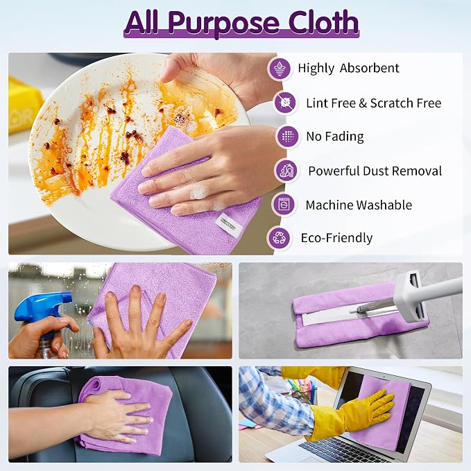 FIXSMITH Purple Microfiber Cleaning Cloth -Pack of 8, Highly Absorbent Cleaning - Image 5