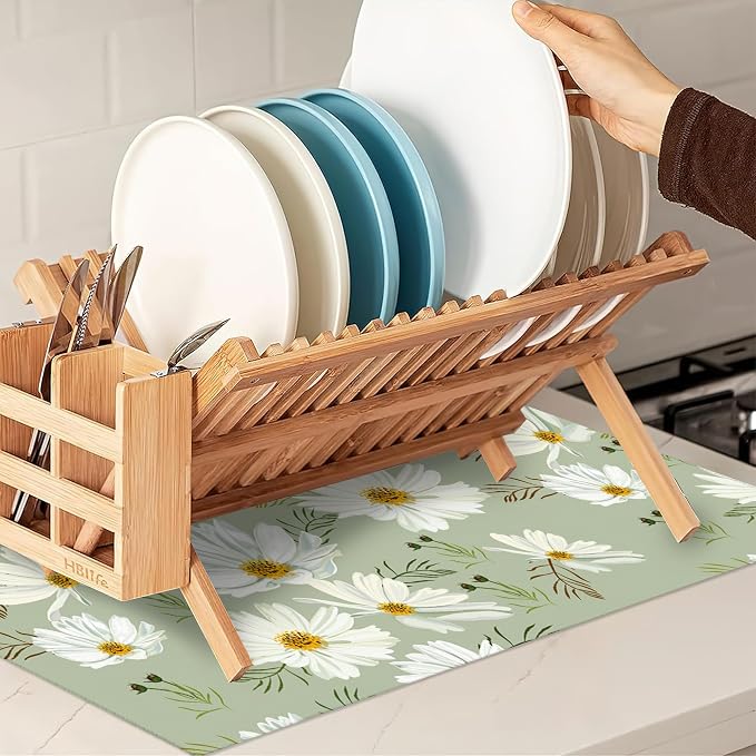 White Daisy Flowers Dish Drying Rack Mat - Image 7