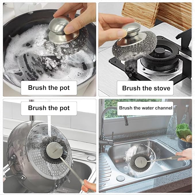 Stainless Steel Wool Scrubber Set, Long Handle & Handle Brushes, Metal Brush - Image 3