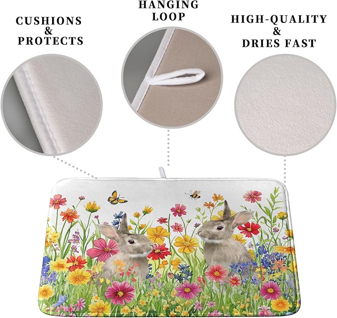 Easter Dish Drying Mat for Kitchen Counter Easter Bunny Flowers Dish Drying Pad - Image 3