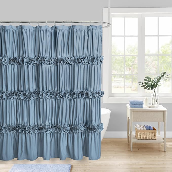 Dusty Blue Ruffle Shower Curtain, Vintage Handcrafted Bow Tie Bath Curtain by Homechoice+Decor