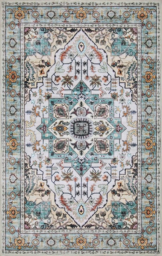 WILLSUN Washable Area Rugs, 8x10 Non-Slip Boho Large Area Rugs for Living Room, Bedroom, Machine Washable Vintage Rug, Indoor Floral Print Carpet for Home Decor, Kid & Pet Friendly Mat