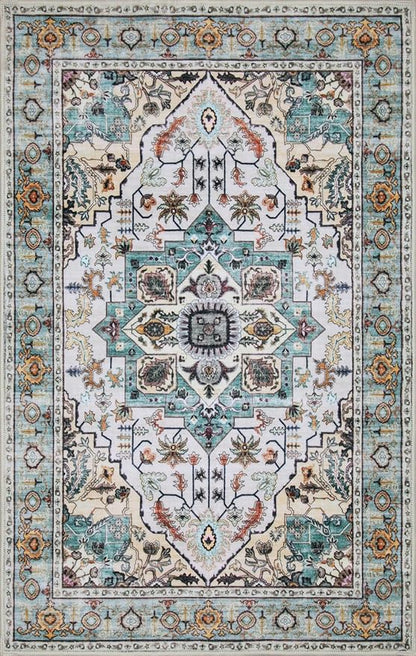 WILLSUN Washable Area Rugs, 8x10 Non-Slip Boho Large Area Rugs for Living Room, Bedroom, Machine Washable Vintage Rug, Indoor Floral Print Carpet for Home Decor, Kid & Pet Friendly Mat