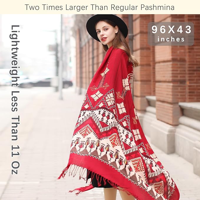 DANA XU 100% Merino Wool Pashmina Shawl for Women 96"x43", Oversized Cashmere Wrap with Tassels, Floral Travel Blanket Cape