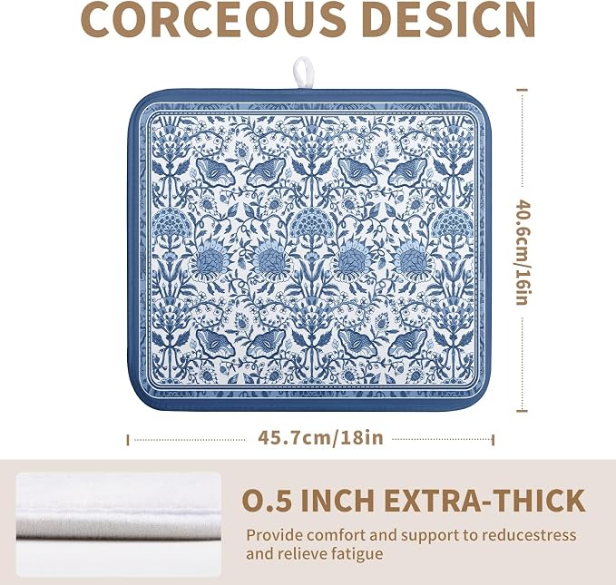 Blue Floral Dish Drying Mat for Kitchen Counter Boho Flowers Dishes Drainer - Image 2