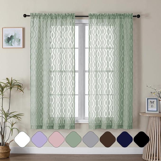 Aiyufeng Sheer Curtains 63 Inch Length 2 Panels Set, Solid Green Airy Light by Aiyufeng