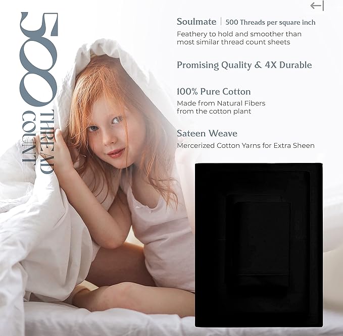 Mayfair Linen 500 Thread Count Split King Sheets Sets for Adjustable Bed - 5 PC Split King Size Bed Sheet Set Cotton (Black), Soft, Cooling, Sateen Weave 16" Deep Pocket Bedsheet (Fits 18" Mattress)