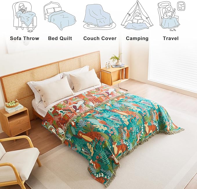 MSGKV Throw Blanket for Bed Cotton Animals Twin Size Couch Blanket 60"x80" Muslin Breathable Lightweight Farmhouse Blankets Home Decor All Seasons