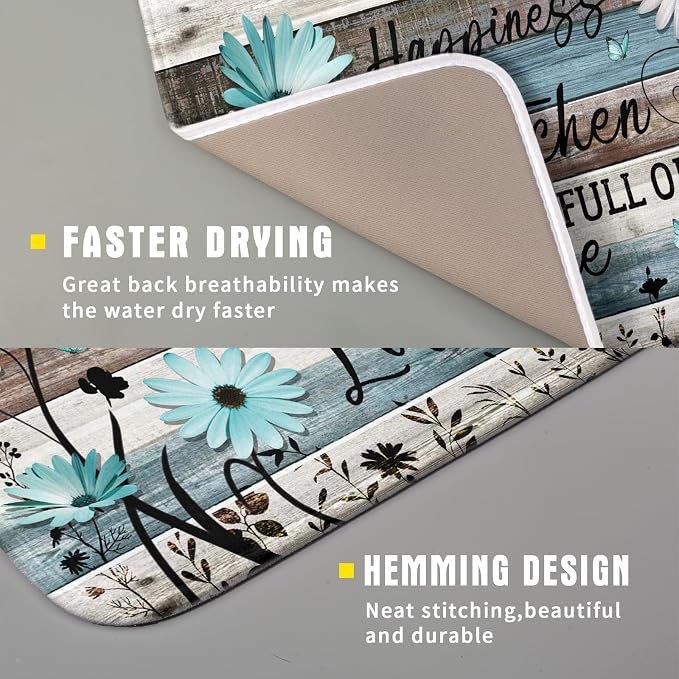 Daisy Floral Dish Drying Mat 16x18 Inches Rustic Wood Microfiber Absorbent - Image 3