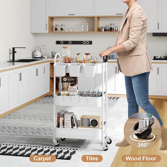 3 Tier Heavy Duty White Metal Rolling Cart - Image 6