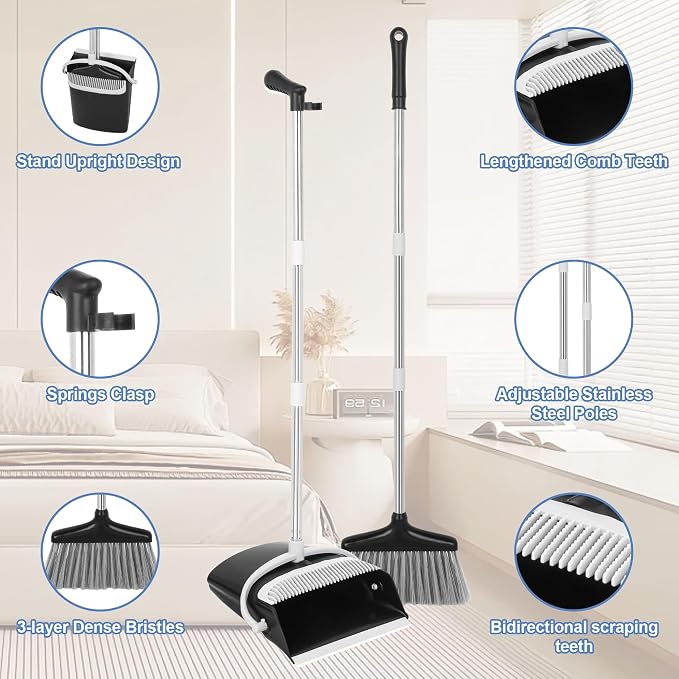 Broom and Dustpan Set with Long Handle, Upright Standing Design, Indoor Outdoor - Image 6