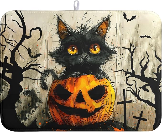 Black Cat Fall Pumpkin Dish Drying Mat 18x24 by Wnoesat