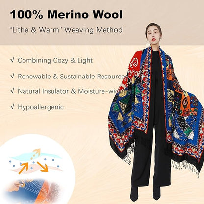 DANA XU 100% Merino Wool Pashmina Shawl for Women 96"x43", Oversized Cashmere Wrap with Tassels, Floral Travel Blanket Cape