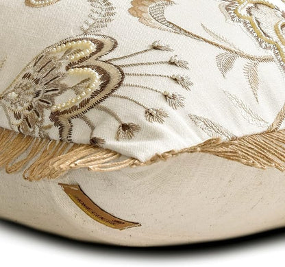 The HomeCentric King/Queen/Twin Beige Decorative Bed Runner Full 68"x18" Bed Runner with One Pillow Cover, Floral, Pearl, Jute Lace, Embroidery Bed Scarf on Cotton Fabric - Floral Luster