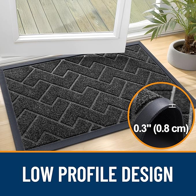 OLANLY Front Door Mat Indoor Outdoor Entrance, Waterproof All-Season, All-Weather Doormat, Sturdy Natural Rubber, Low Profile, Easy Clean Patio Porch Entryway Mat, Herringbone Brick (Black, 36x24)