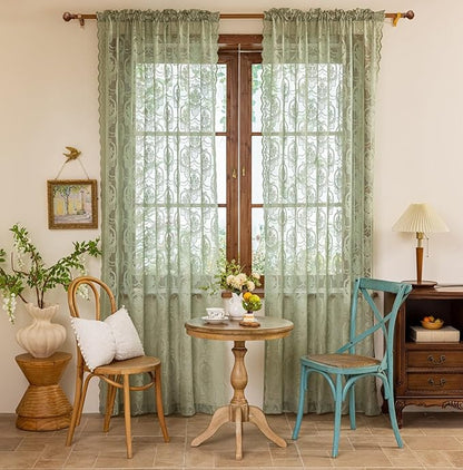 Green Lace French Delicacy Curtains 63 Inches Long -Rod Pocket Luxury Vintage Bow Butterfly Sheer Lace Flower Curtains for Living Room Bedroom，52 x 63 Inch, 2 Panels