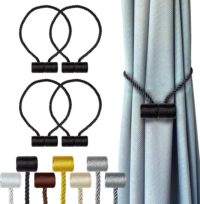Hion Magnetic Curtain Tiebacks Black 4 Pack, Curtain Tiebacks Buckles Holdbacks by Hion