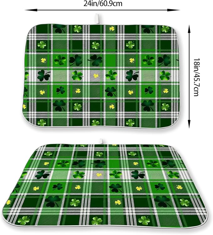 St Patricks Day Dish Drying Mat 18x24 Inch Green Lucky Shamrock Buffalo Plaid - Image 2