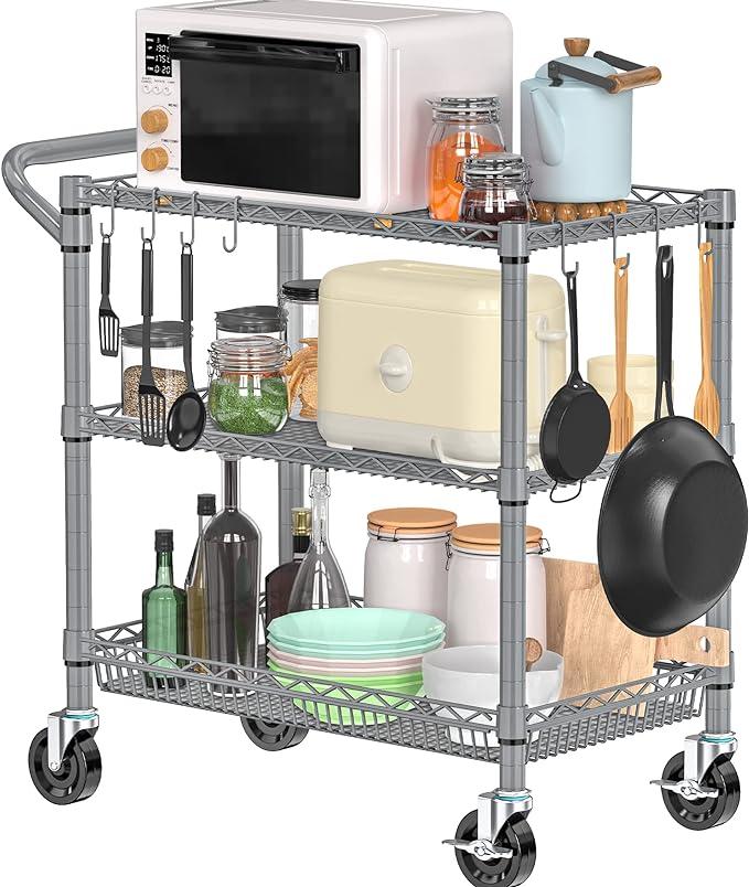 Metal Heavy Duty Carts with Wheels 1050lbs, 3 Tier Rolling Utility Cart with - Image 5