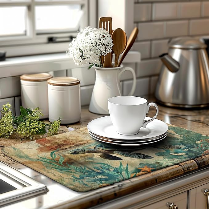 Sea Turtle Dish Drying Mat for Kitchen Counter Vintage Ocean Animal Microfiber - Image 6