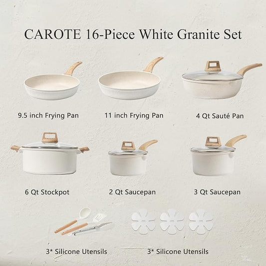 CAROTE 16 Piece Pots and Pans Set Nonstick, Non Stick Cooking Set w/Frying Pans - Image 2